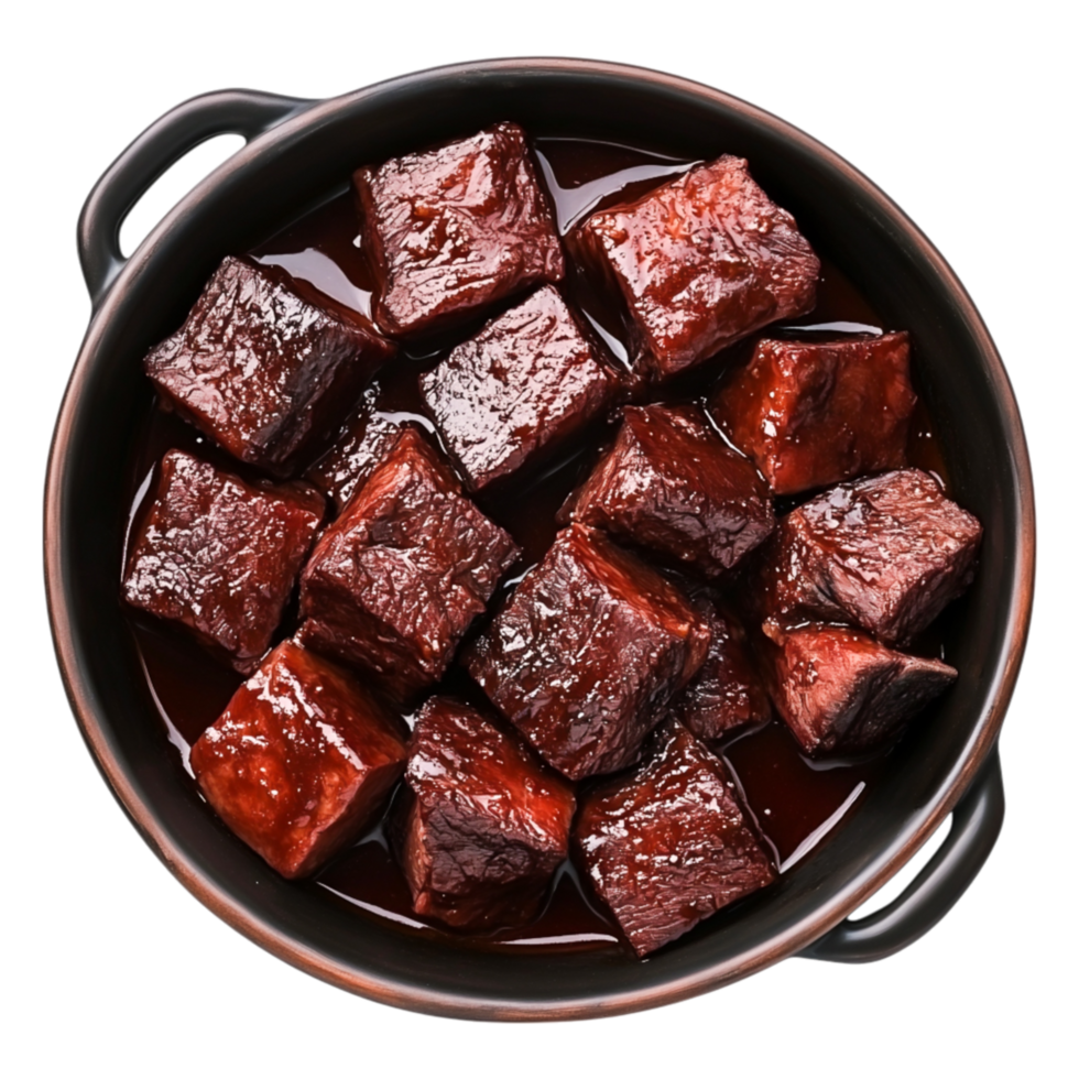 Freshly Cooked Tender Beef Chunks Glazed in Rich Dark Sauce png