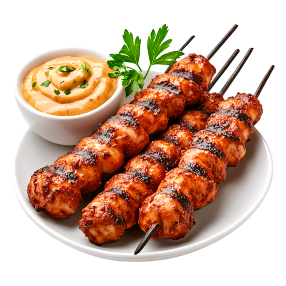 Grilled Chicken Skewers with Creamy Sauce on White Plate png