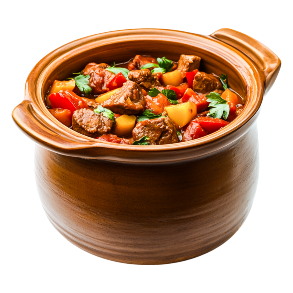 Delicious Hearty Beef Stew in Brown Clay Pot with Vegetables png