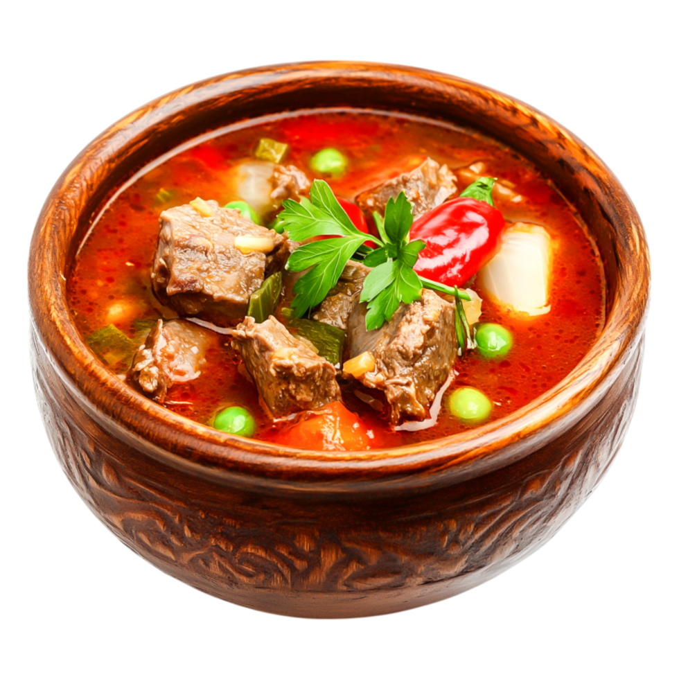 Delicious Beef Stew in Rustic Bowl with Fresh Vegetables and Herbs png