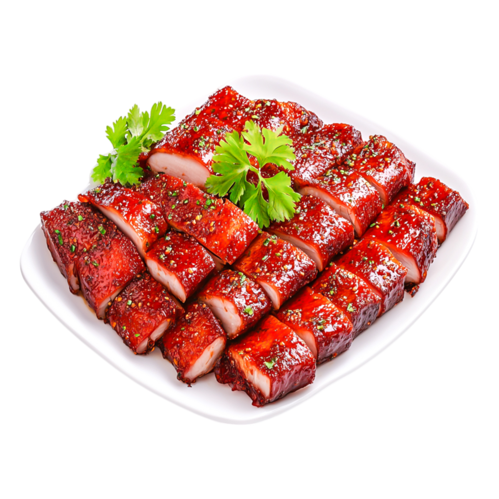 Mouthwatering Glazed Roast Pork Slices on White Plate with Garnish png