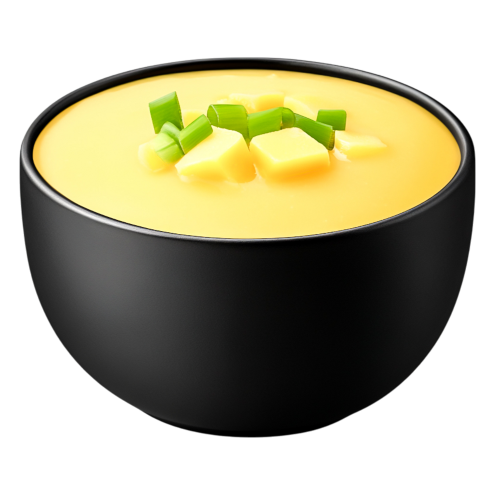 Creamy Yellow Soup with Chopped Green Onions in Black Bowl png