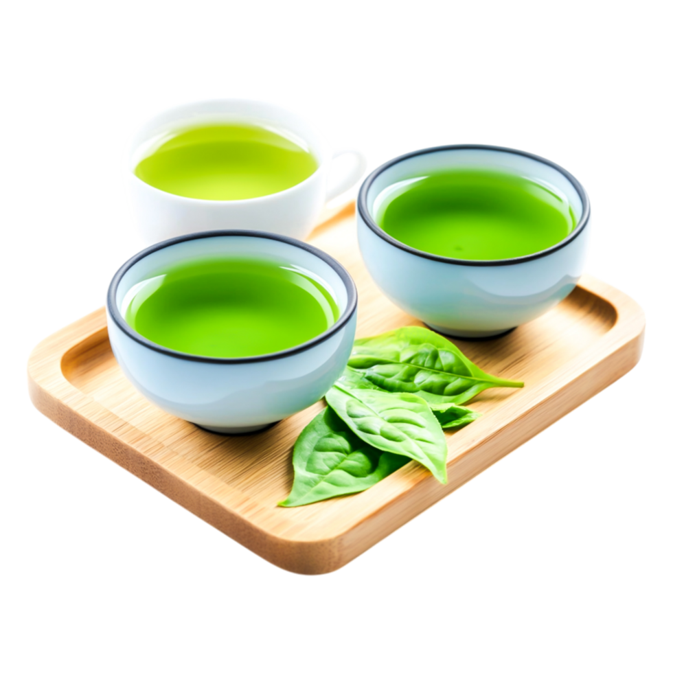 Fresh Green Tea in Elegant Cups on Wooden Tray with Green Leaves png