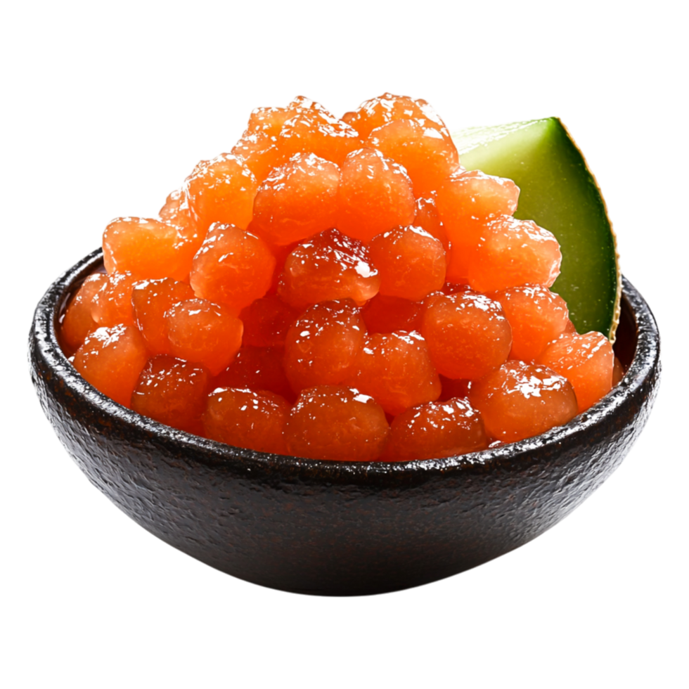 Fresh Salmon Roe Garnished with Lime Slice in Black Bowl png