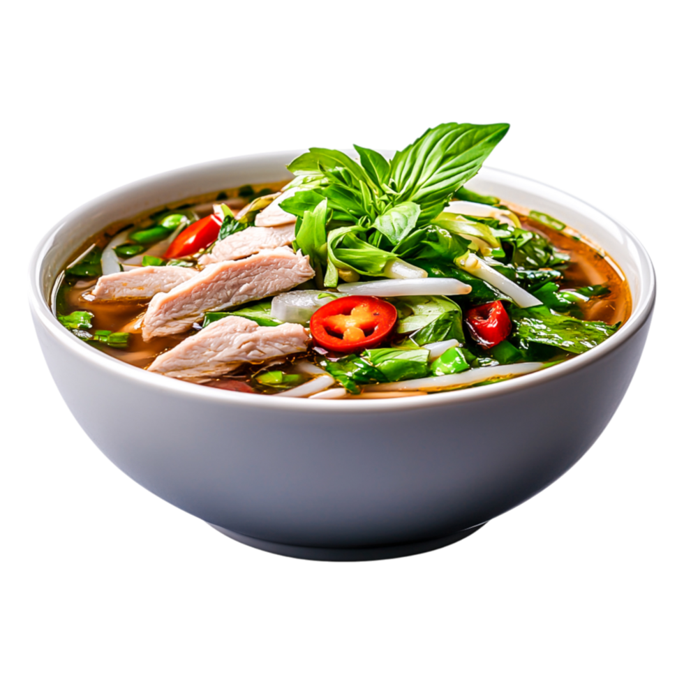 Delicious Chicken Pho with Fresh Herbs and Vegetables in Bowl png