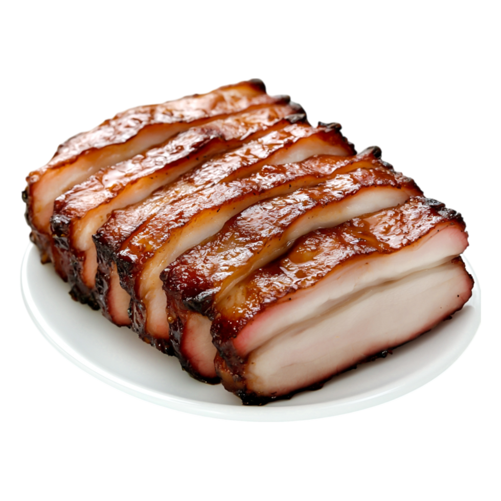 Sliced Barbecued Pork Belly on White Plate with Glazed Surface png