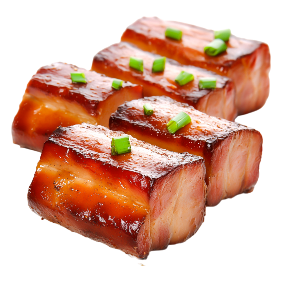 Cooked meat slices with glaze and green onion garnish on png