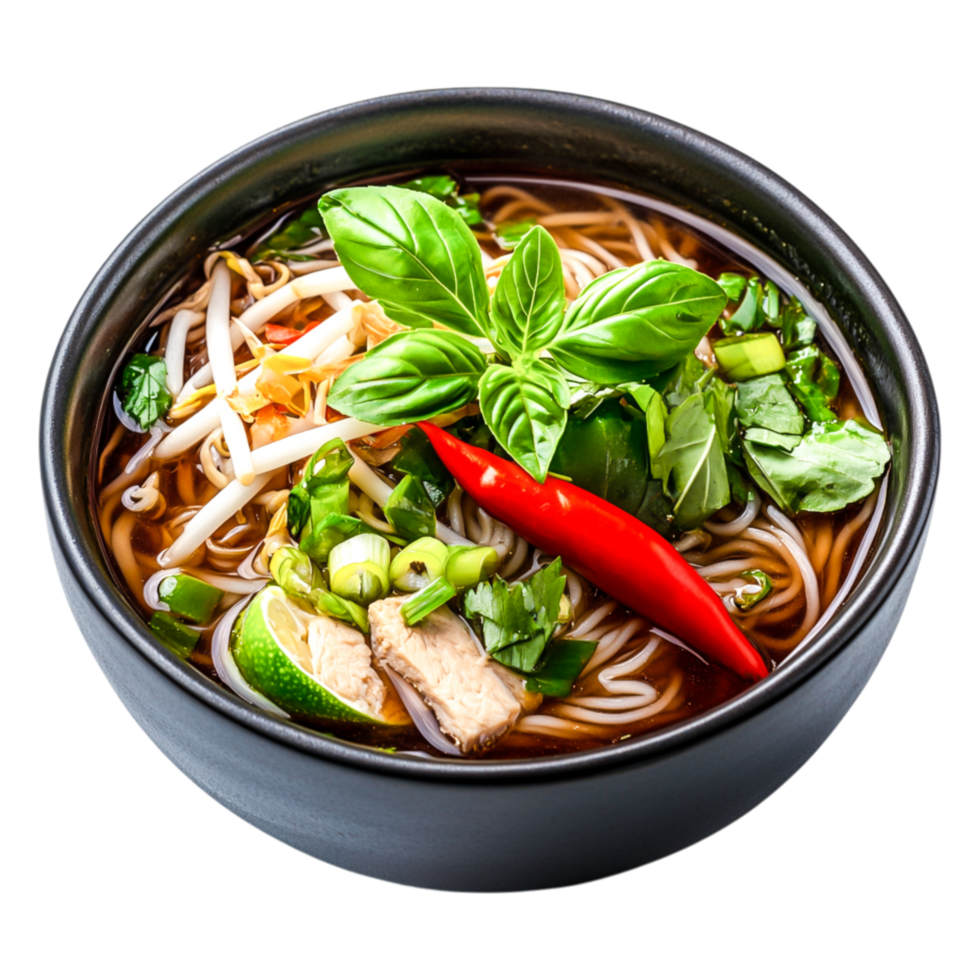 Delicious Bowl of Noodle Soup with Fresh Herbs and Vegetables png