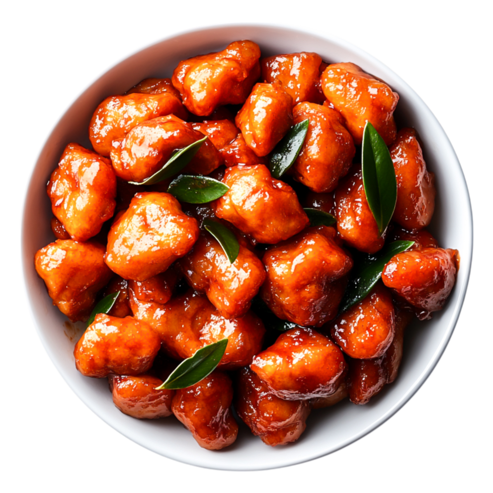 Delicious Sweet and Sour Chicken with Fresh Green Leaves in Bowl png