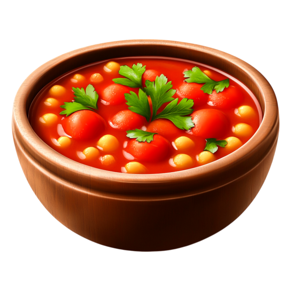 Fresh Tomato Soup with Herbs in a Wooden Bowl for Culinary Delight png