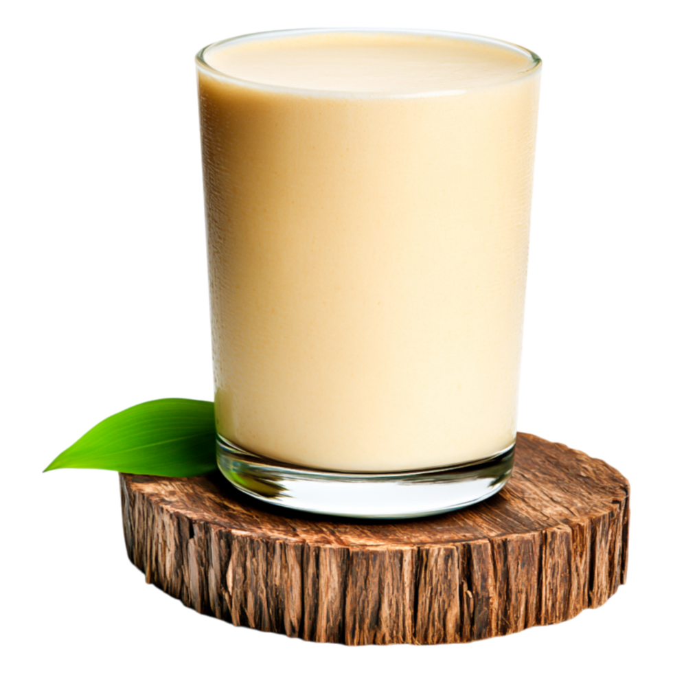 Fresh Smoothie in Glass on Wooden Slice with Leaf Accents png