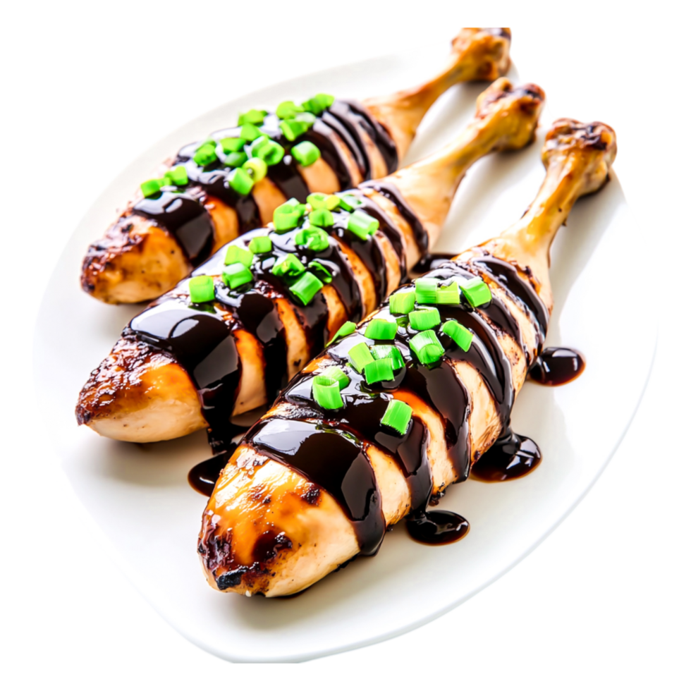 Grilled Chicken Drumsticks with Chocolate Sauce and Green Onion Decor png