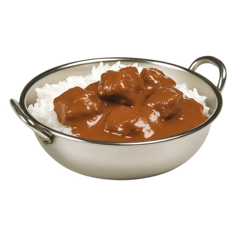Delicious curry with tender meat served over fluffy white rice png