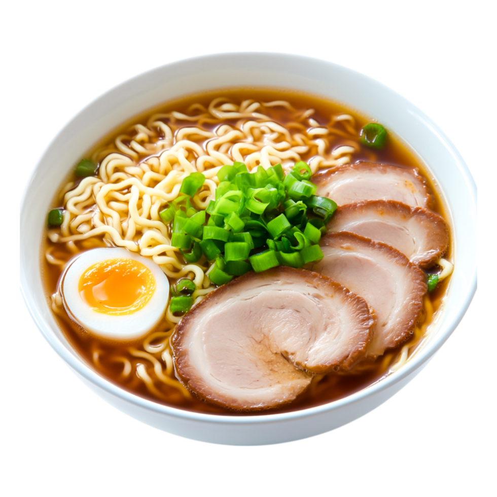 Delicious Ramen Bowl with Tender Pork and Soft Boiled Egg Garnish png