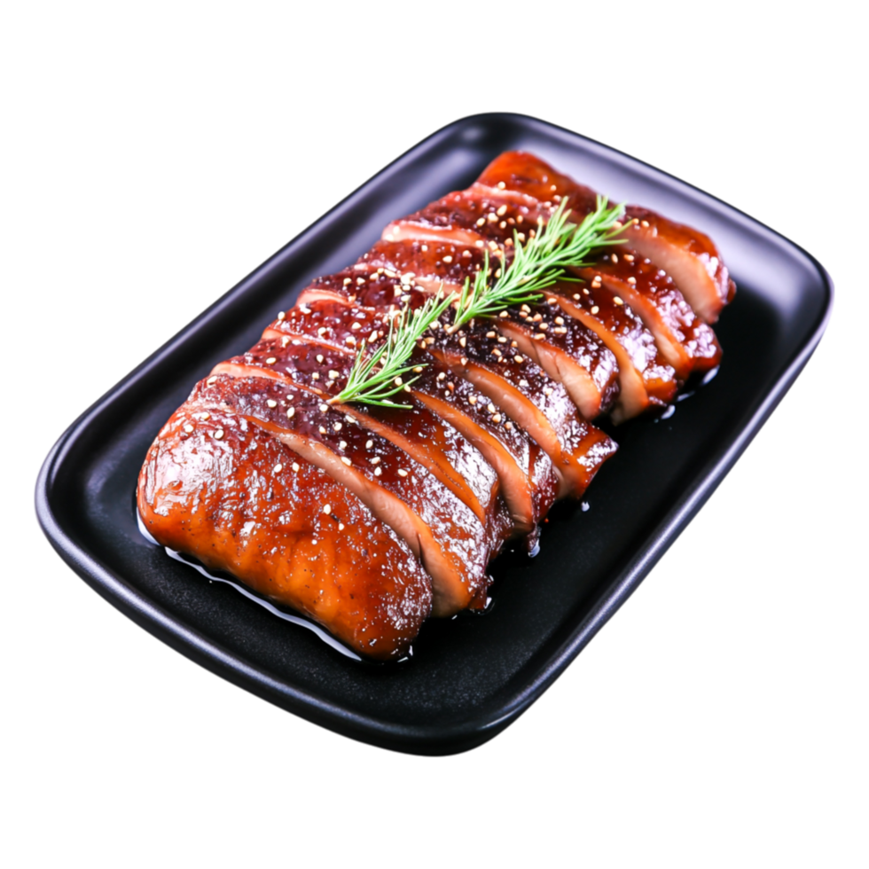 Sliced Glazed Duck Breast on Black Plate with Garnish Decoration png