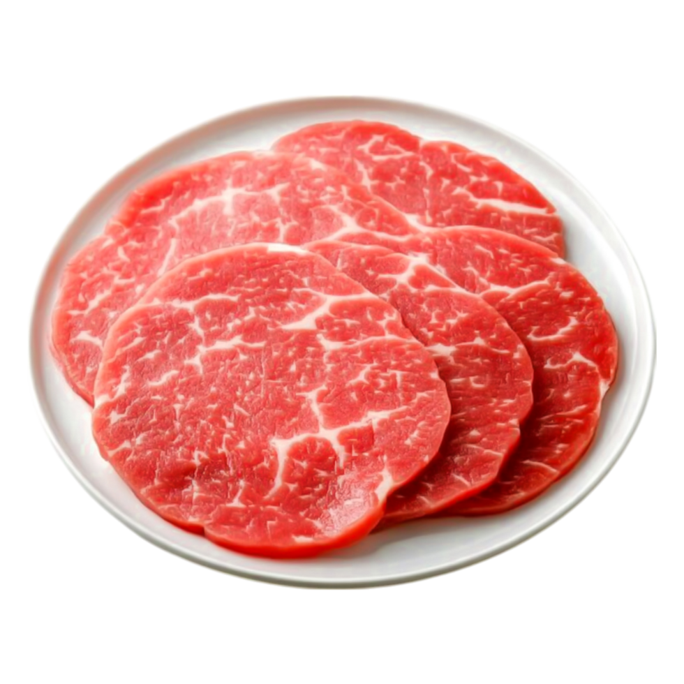 Freshly Sliced Wagyu Beef on White Plate Ready for Cooking png