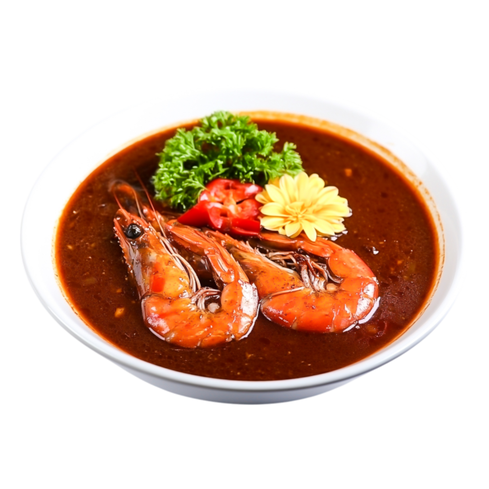 Fresh Cooked Shrimp in Savory Brown Sauce with Herbs and Garnish png