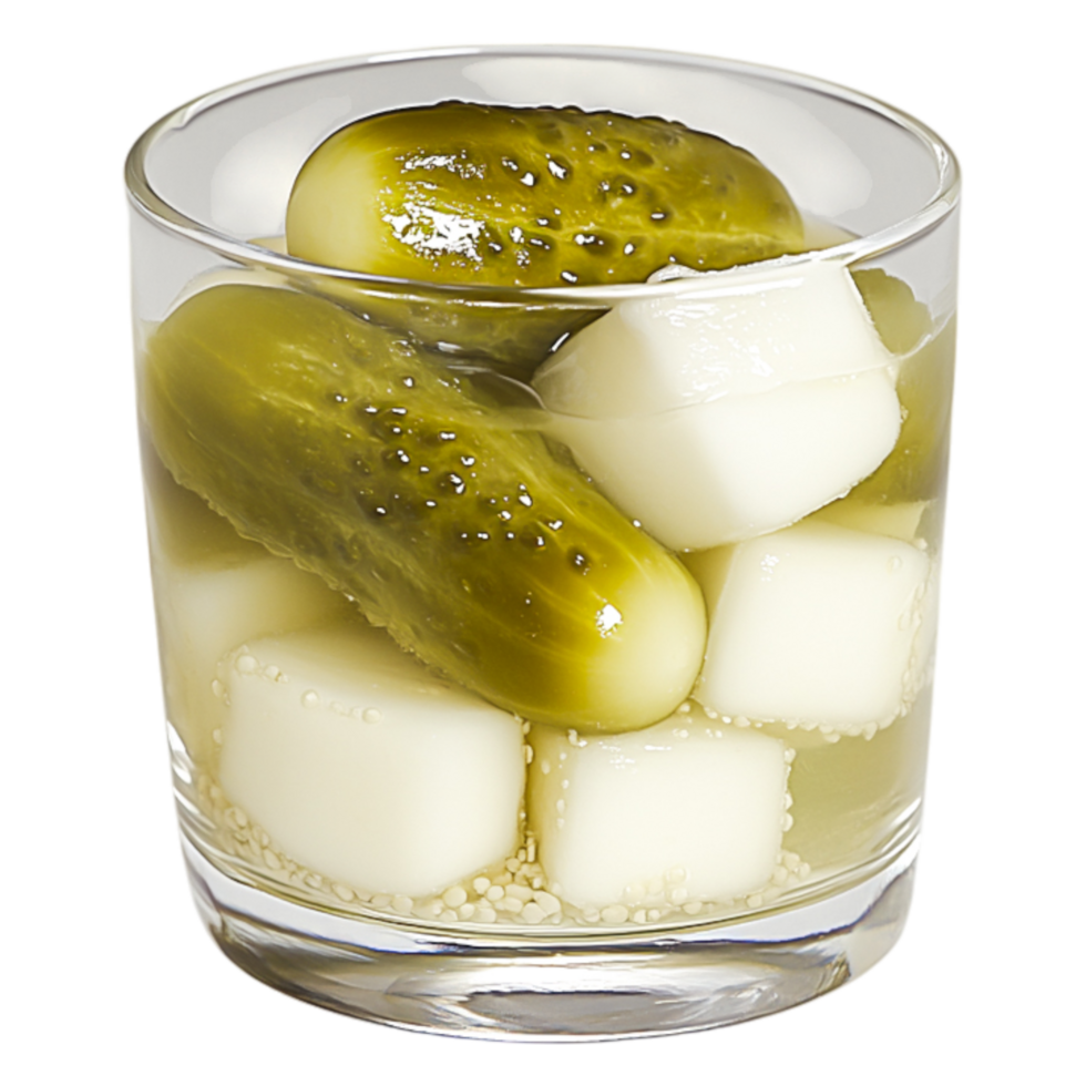 Pickles and Cubes in Glass Container with Vinegar and Spices png