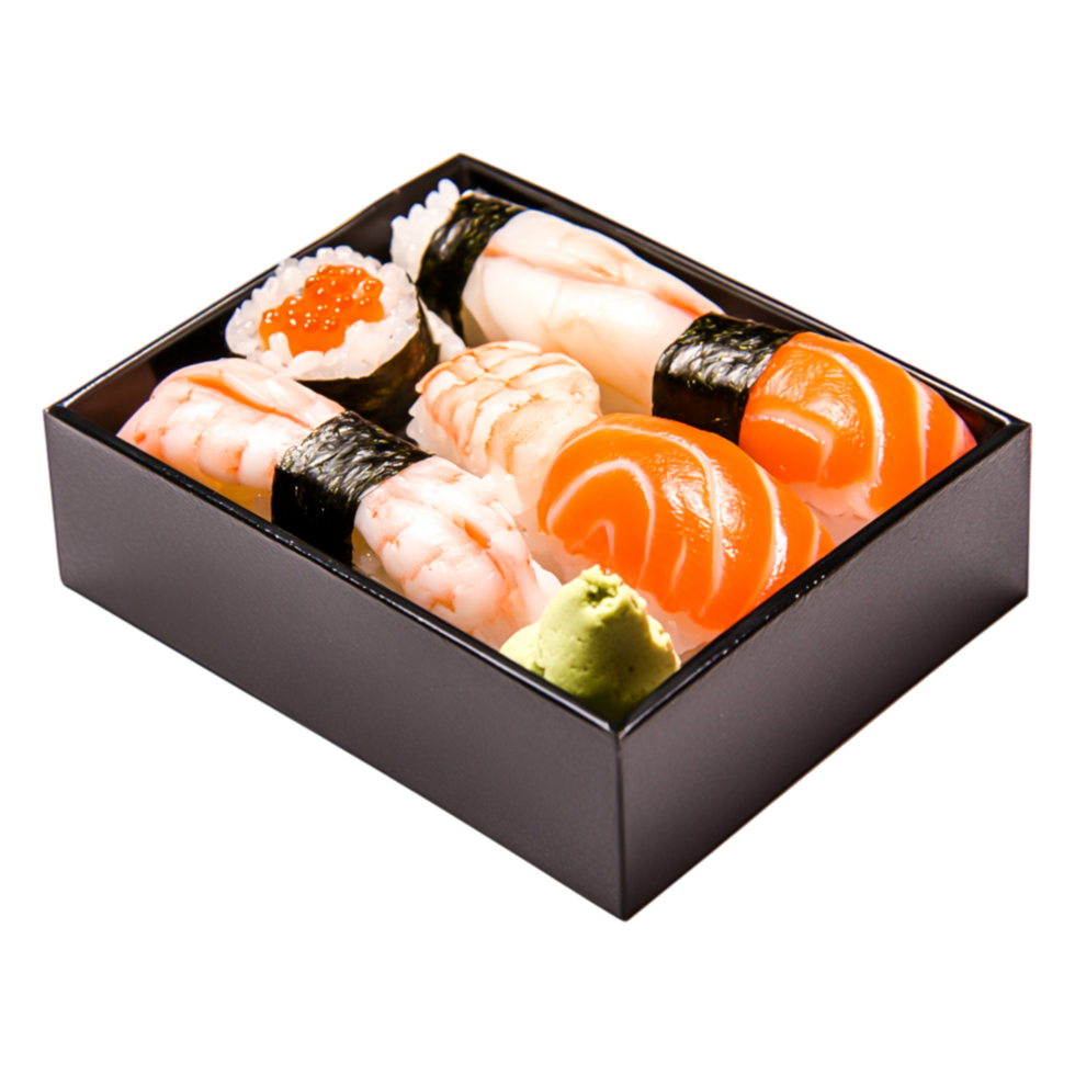 Fresh Assorted Sushi Rolls in Elegant Black Box Presentation png