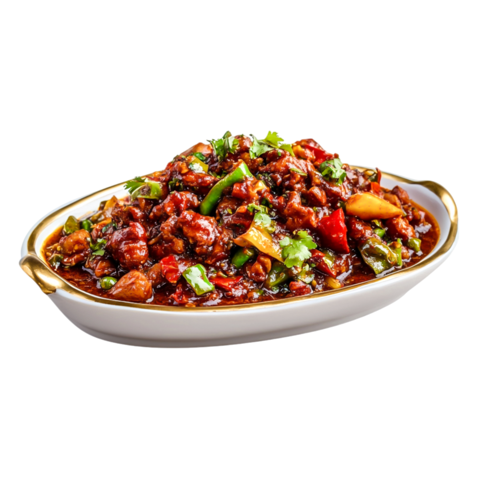 Delicious Spicy Dish with Colorful Vegetables in Elegant Serving Bowl png