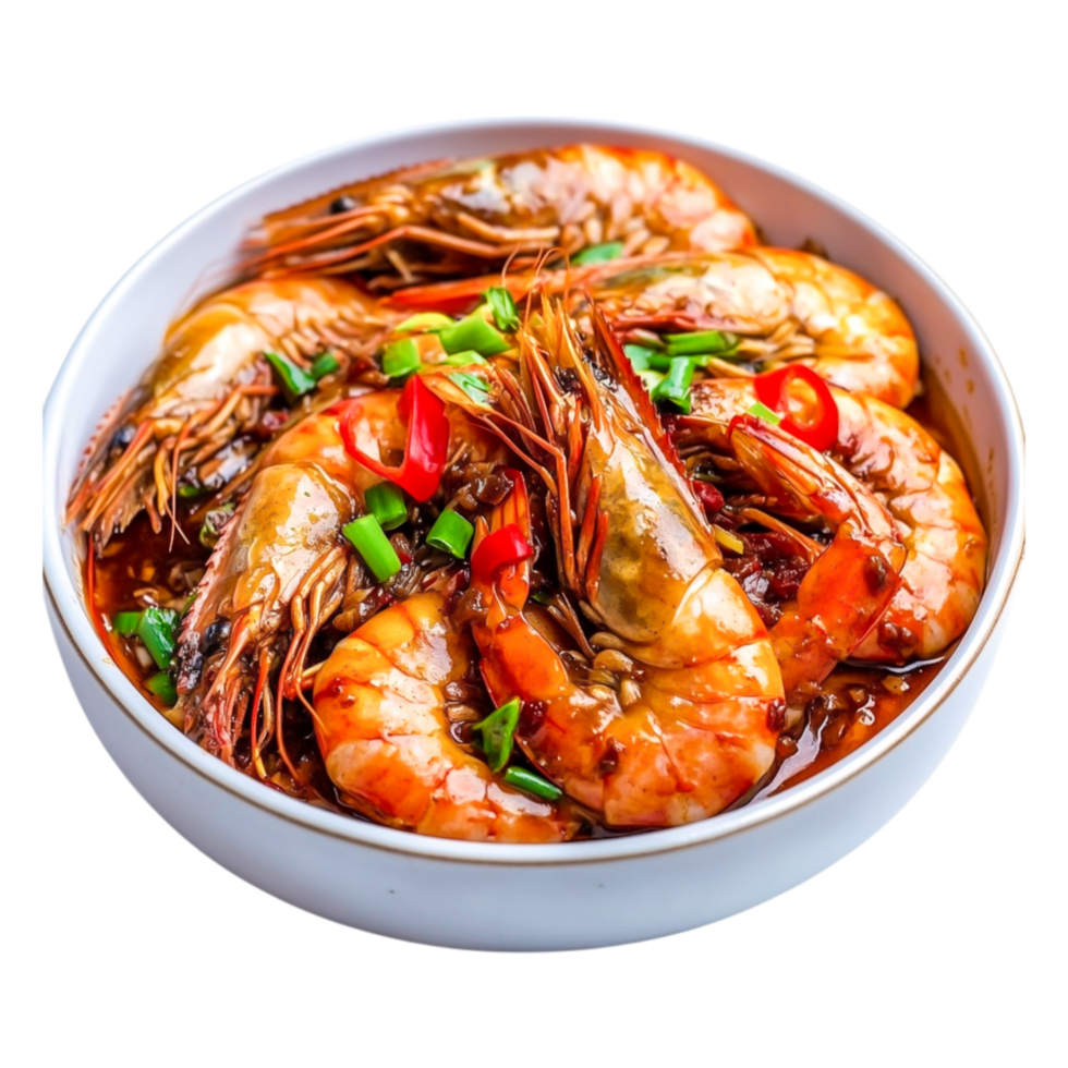 Delicious Shrimp Dish with Spicy Sauce and Fresh Vegetables png