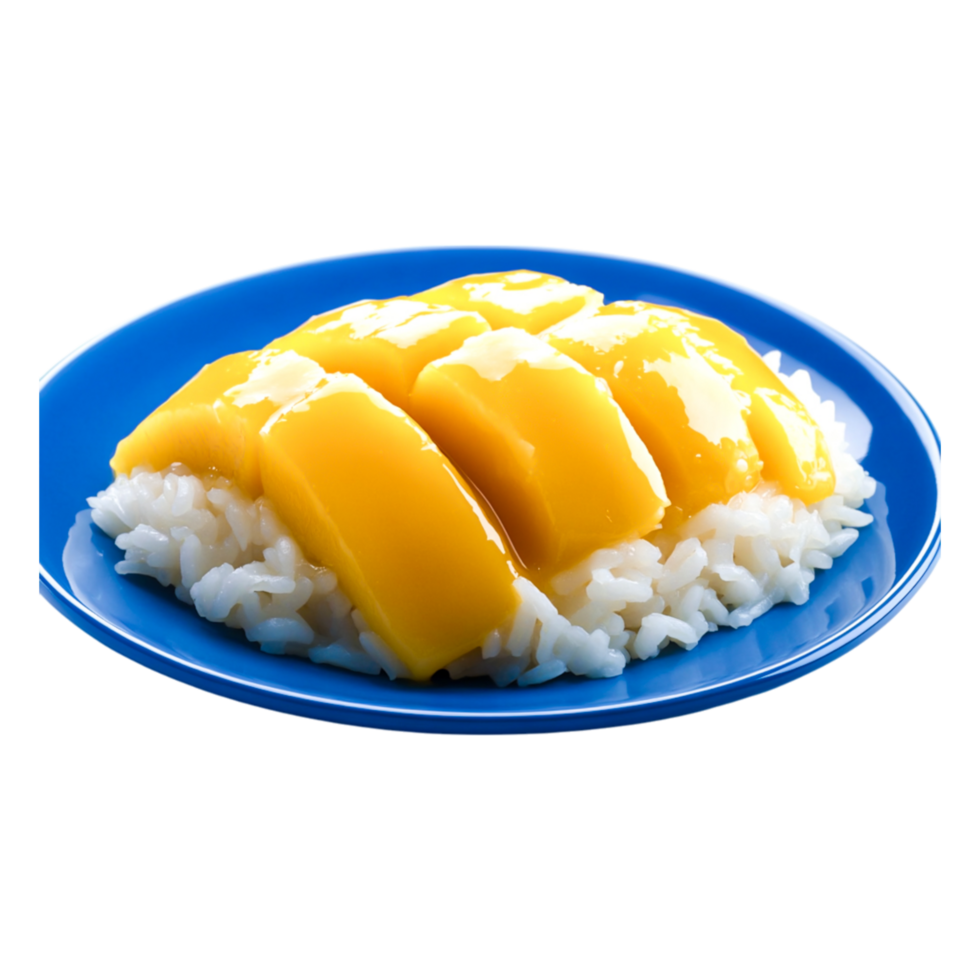 Delicious Mango Sticky Rice Blue Plate with a png