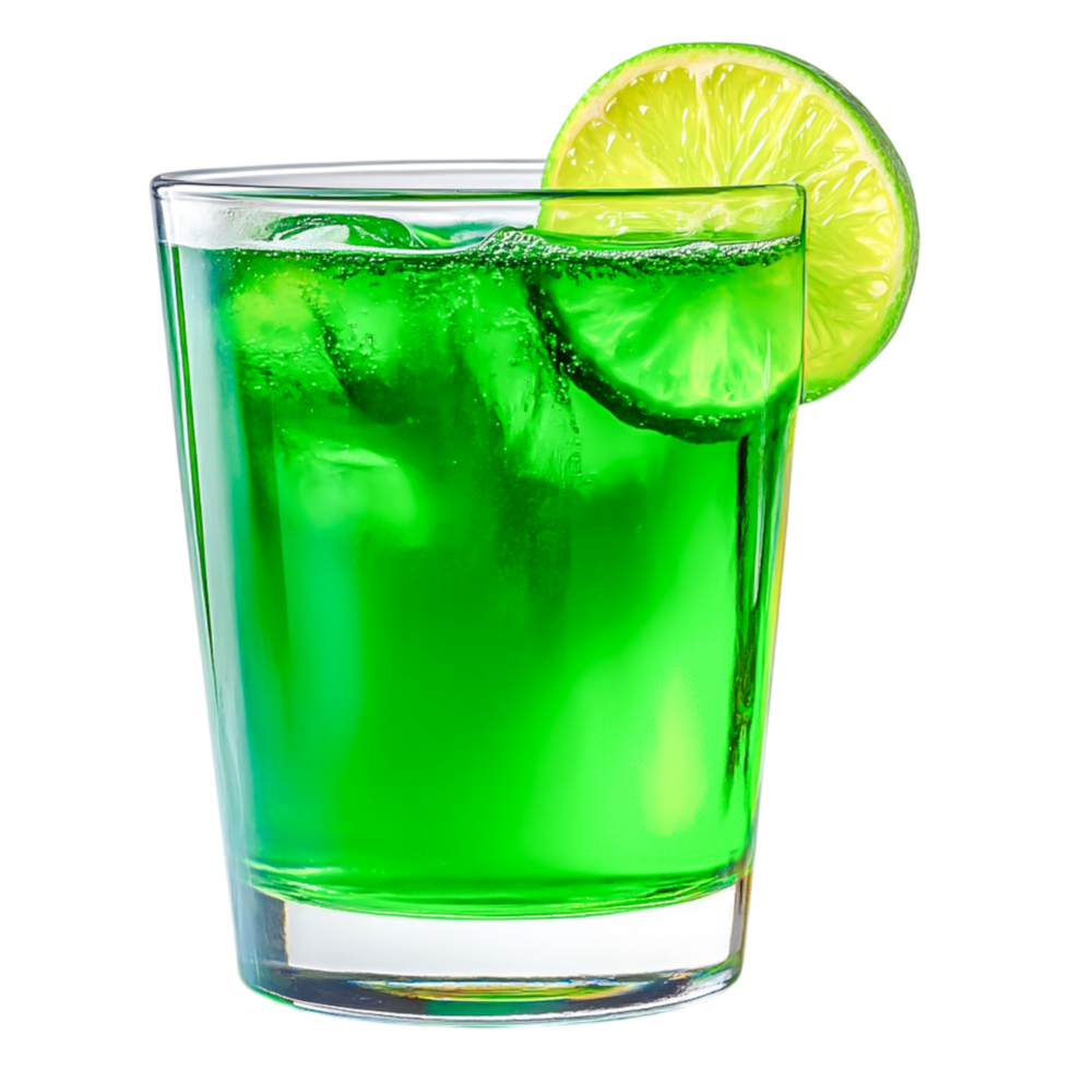 Refreshing Green Beverage with Ice and Lime Slice Garnish png