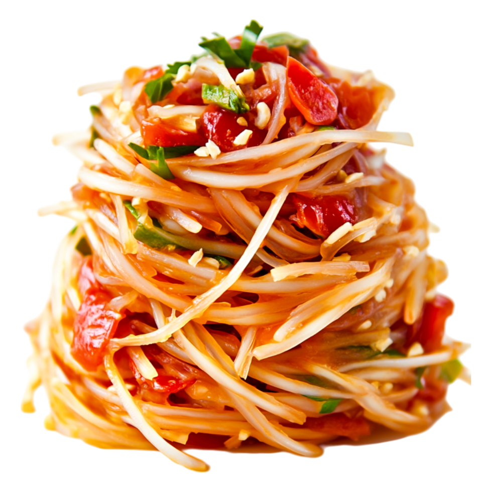 Delicious Pile of Colorful Spaghetti with Mixed Vegetables and Sauce png