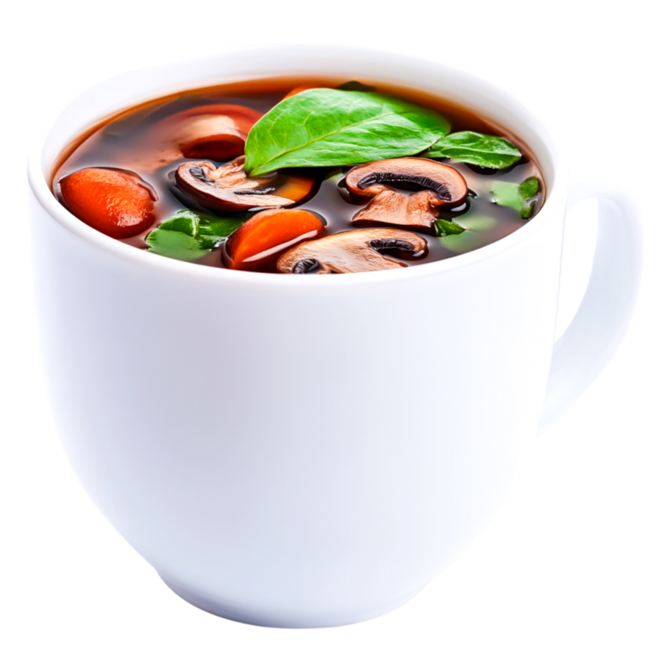Fresh Vegetable Soup in White Cup with Mushrooms and Spinach png