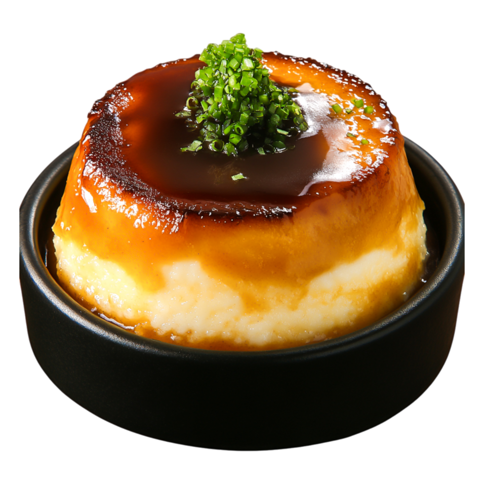 Creamy Caramel Custard Dessert with Green Onion Garnish png
