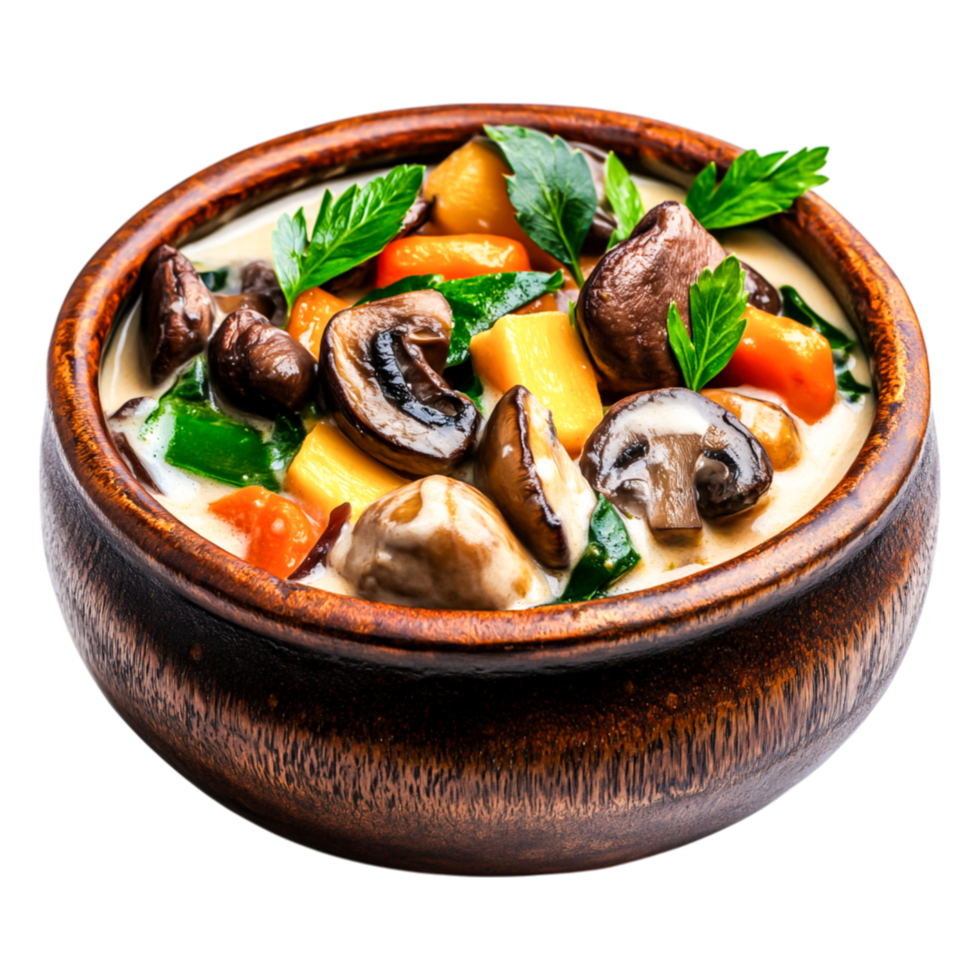 Delicious Vegetable and Mushroom Stew in Rustic Wooden Bowl png