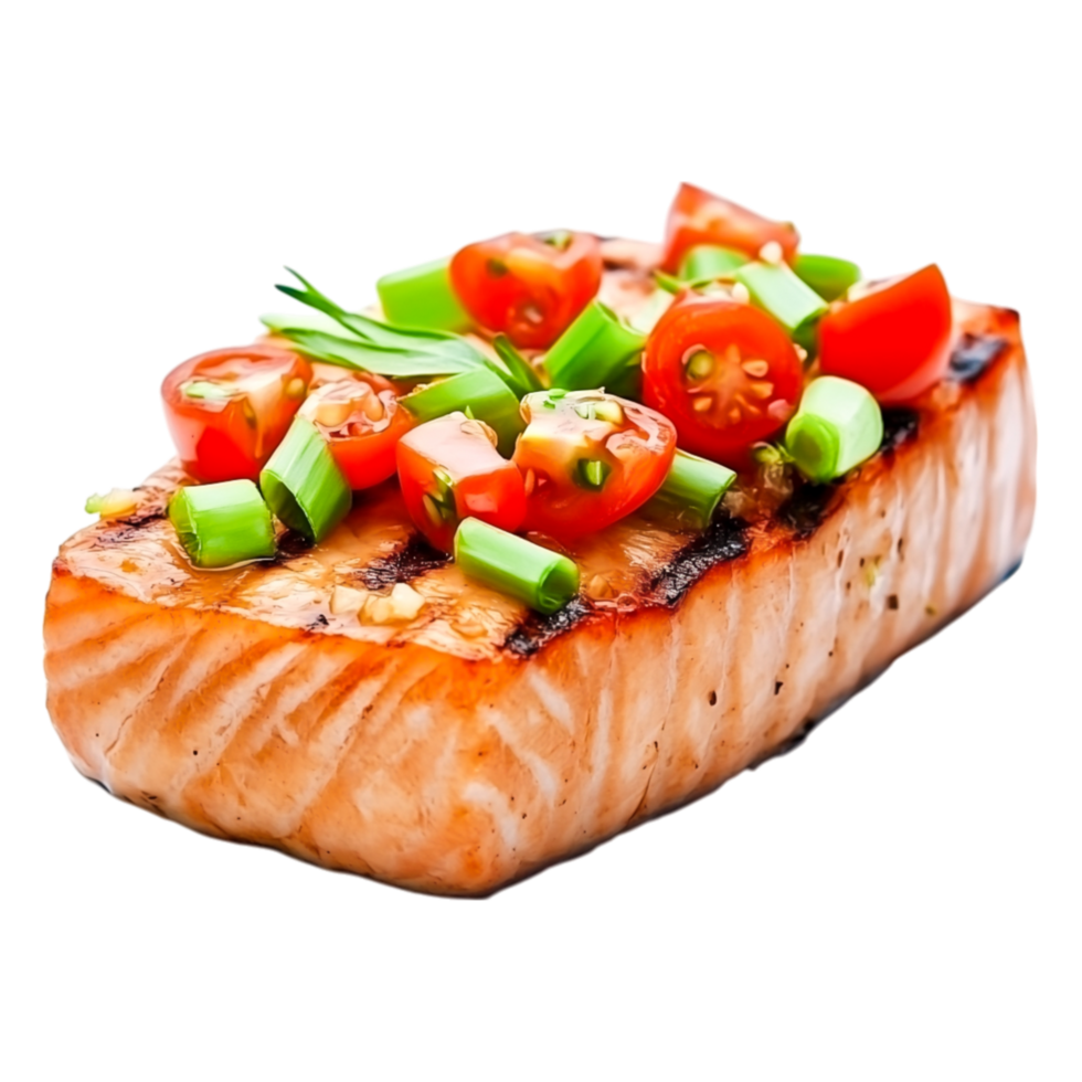Grilled Salmon Fillet with Fresh Vegetables Topping and Garnish png