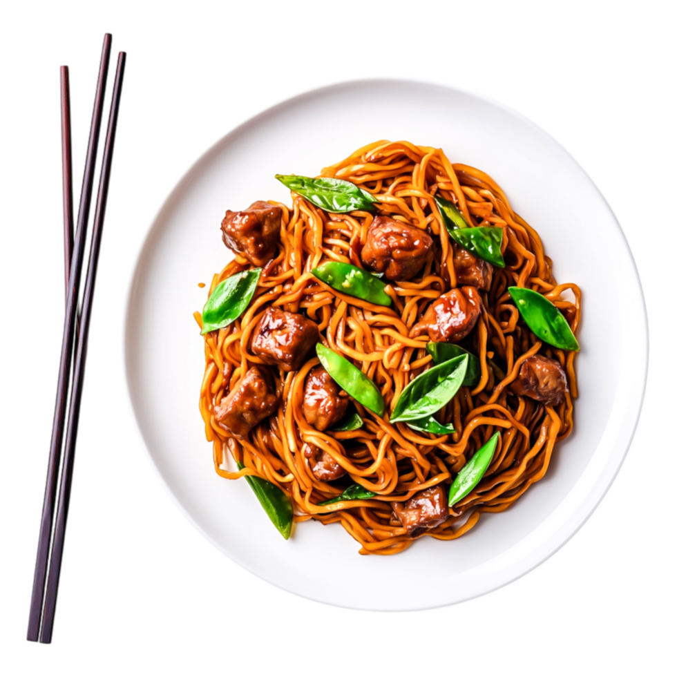 Delicious Plate of Noodles with Meatballs and Fresh Basil Leaves png