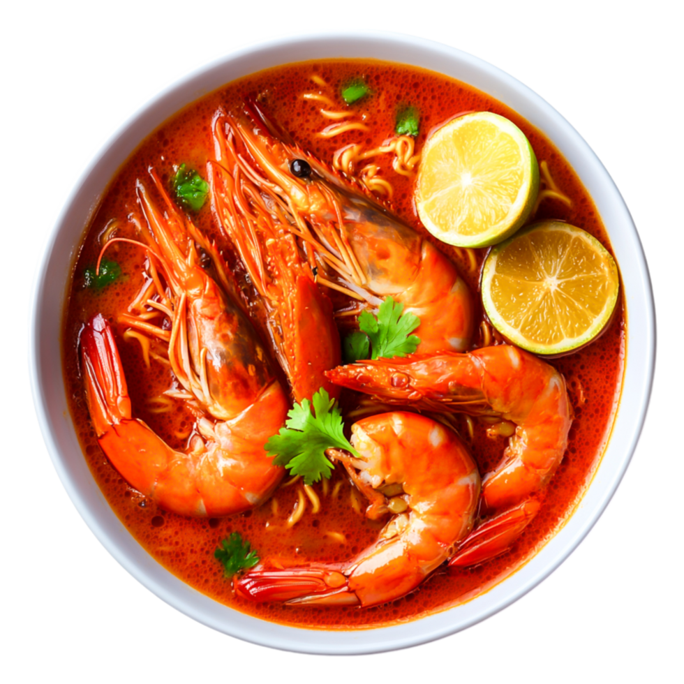 Delicious Shrimp Noodle Soup with Lime and Fresh Herbs in Bowl png
