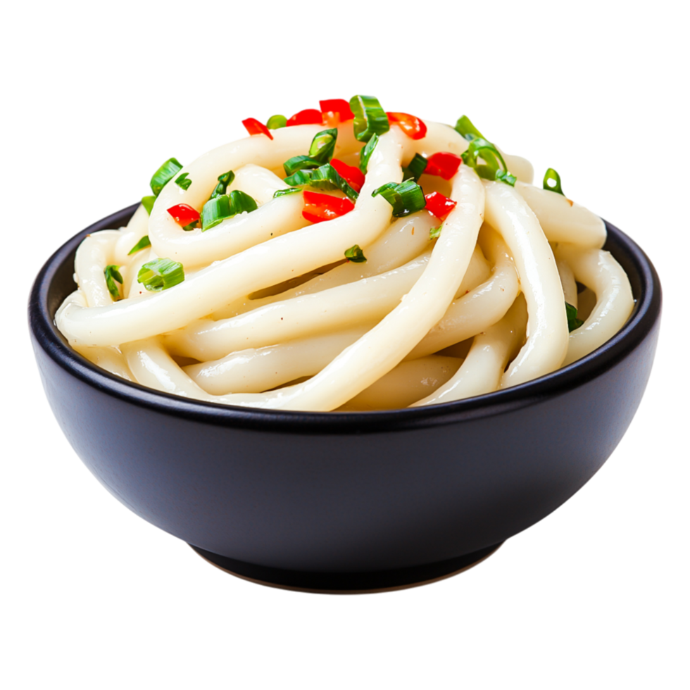 Freshly Cooked Noodles Served in a Black Bowl with Herbs and Spices png
