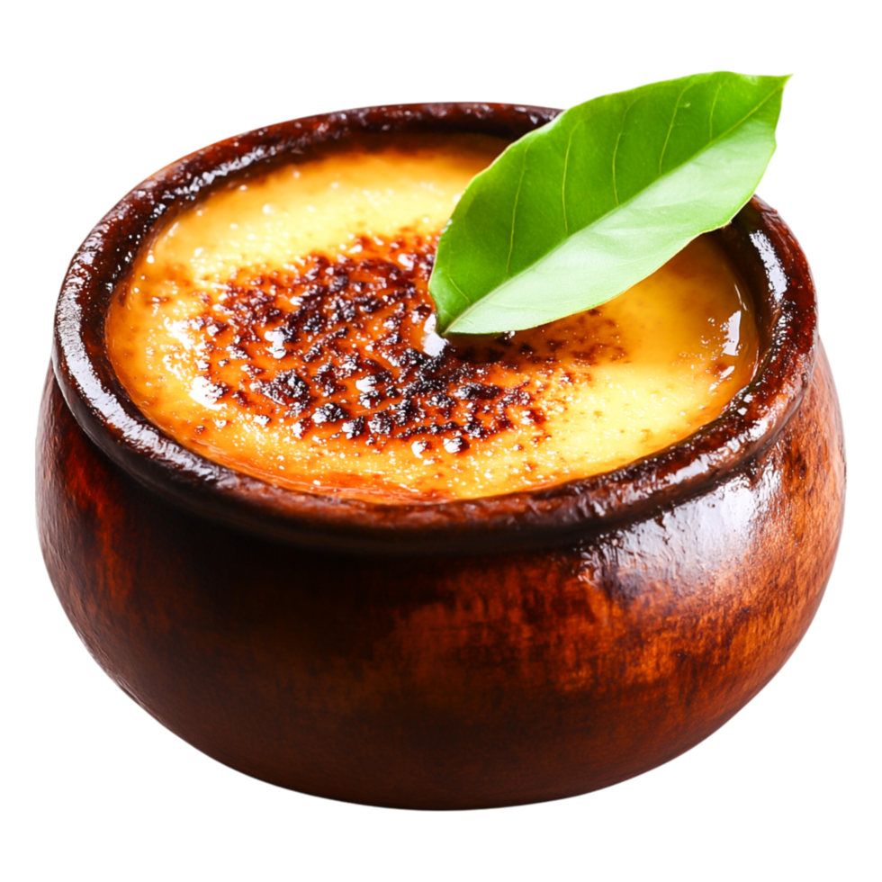 Creamy Custard Dessert with Caramelized Sugar and Fresh Leaf png
