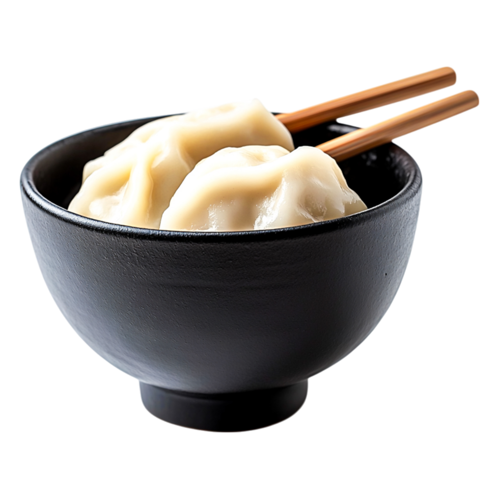 Steaming Dumplings Served in a Black Bowl with Wooden Chopsticks png