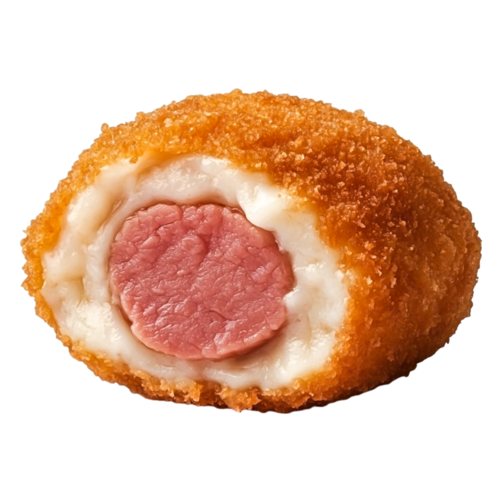 Crispy Golden Handheld Snack with Meat and Creamy Filling png