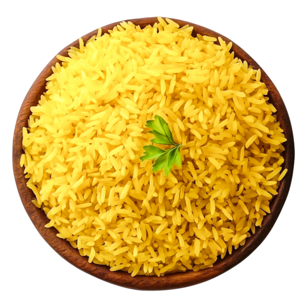 Vibrant Yellow Rice Garnished with Fresh Green Herb in Wooden Bowl png