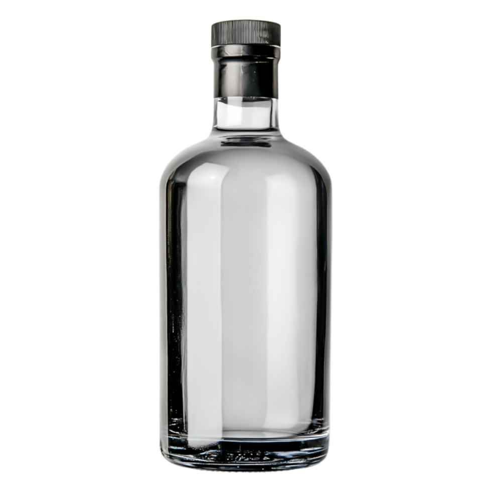 Clear glass bottle with black cap for product display png