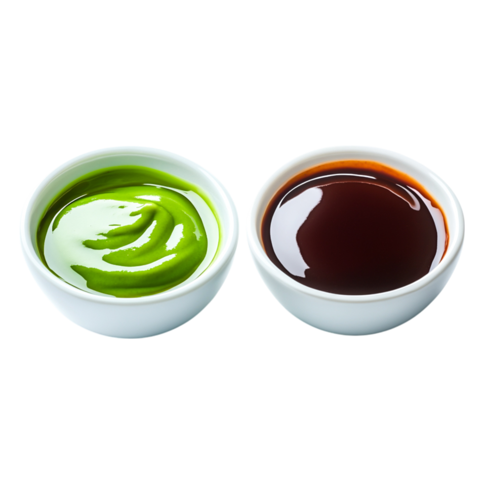 Green and Brown Sauces in Bowls on for Culinary Use png