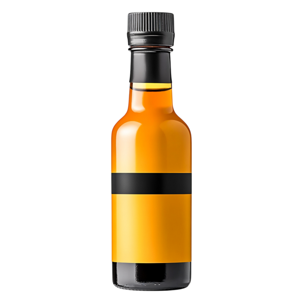 Glass bottle with yellow liquid and blank label for beverage mockup usage png