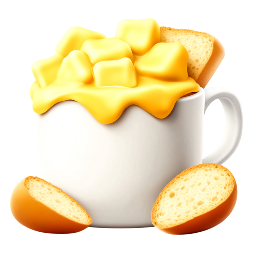 Creamy Melted Cheese Sauce in White Cup With Slices of Bread png