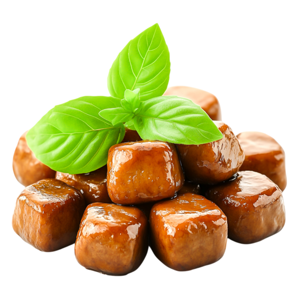 Delicious caramelized cubes of tofu garnished with fresh basil leaves png