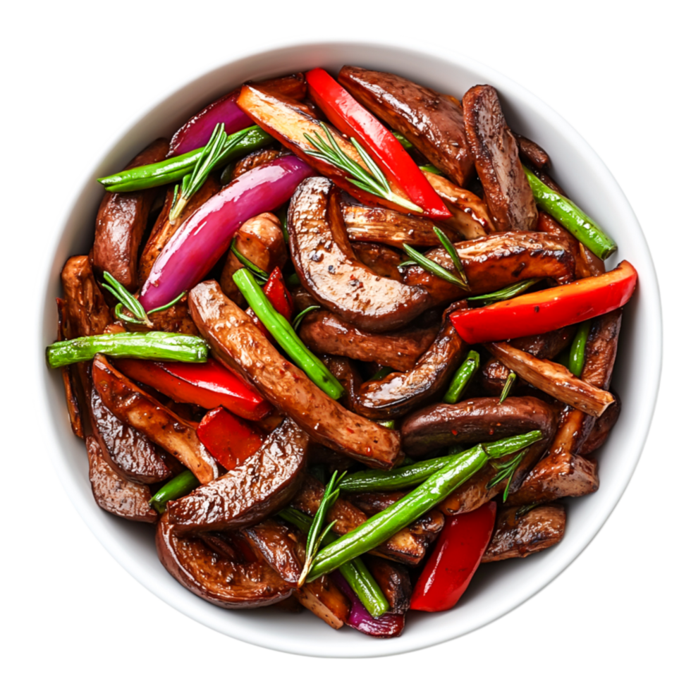Colorful Vegetable Stir Fry with Mushrooms and Fresh Herbs in Bowl png