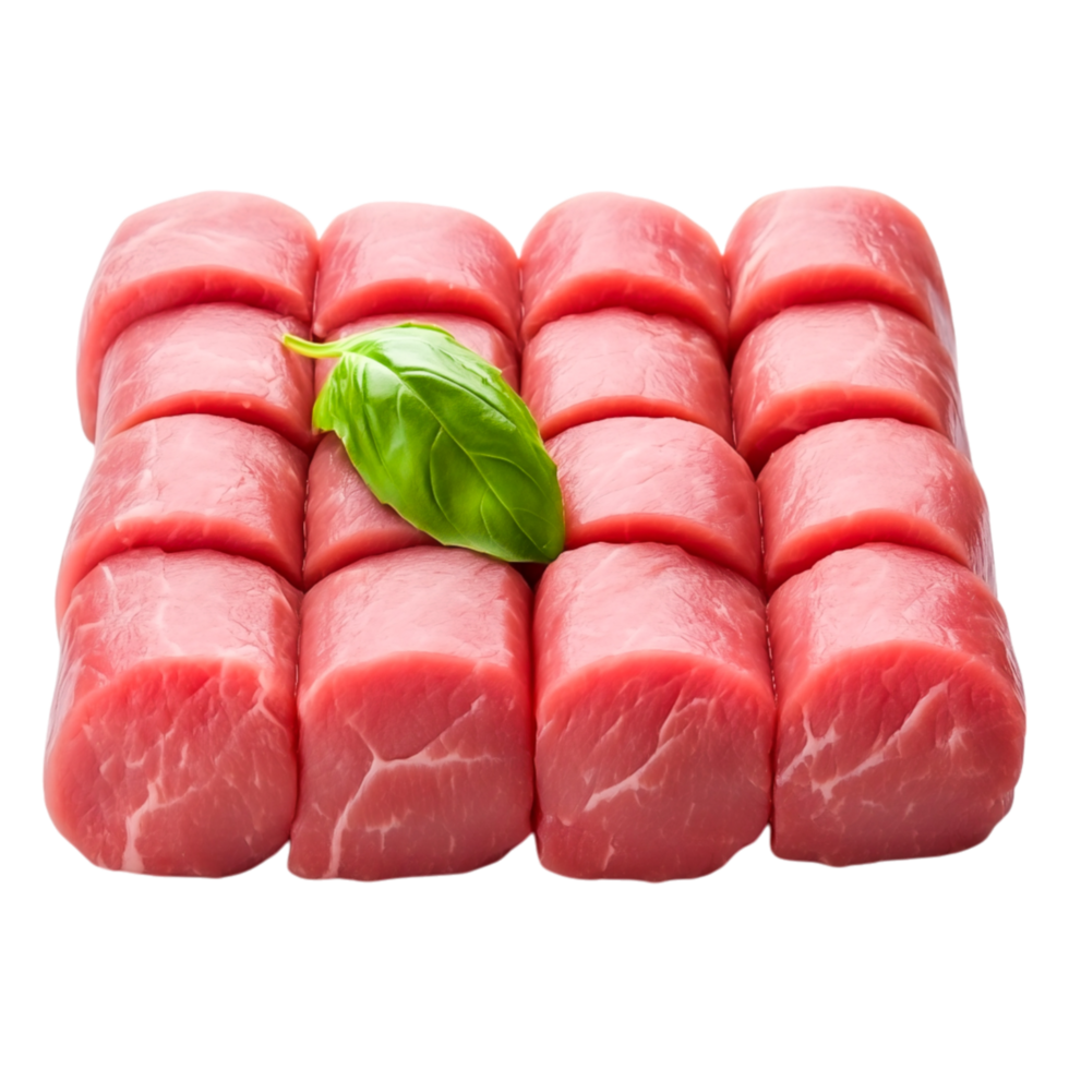 Fresh Raw Pork Tenderloin Cuts with Green Basil Leaf on png