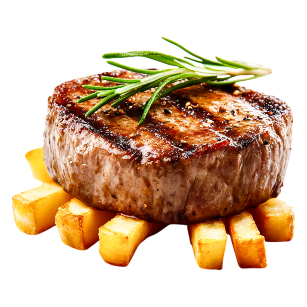 Juicy Grilled Steak with Rosemary Garnish and Crispy French Fries png