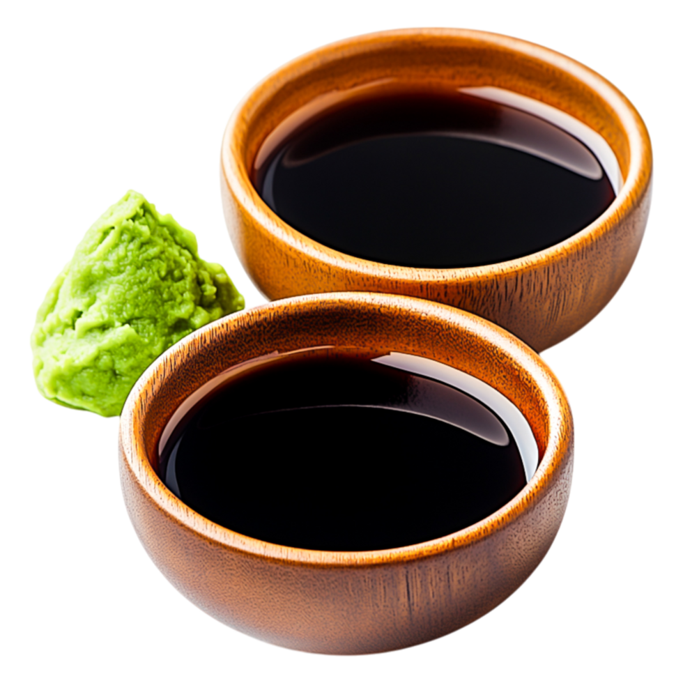 Fresh Wasabi Paste and Soy Sauce in Wooden Bowls on png