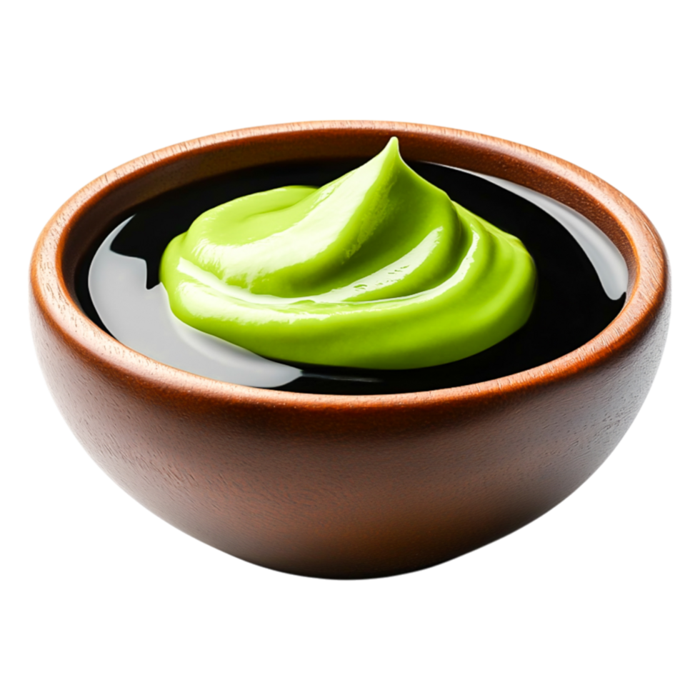 Fresh Green Wasabi Paste in Wooden Bowl with Black Sauce Background png