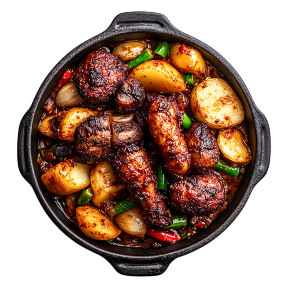 Savory Chicken and Vegetables in a Cast Iron Pot with Spices and Herbs png